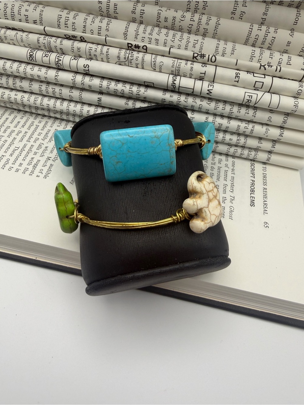 Handcrafted Gold Wire Bracelets with Turquoise, Green and Cream Stone Accents